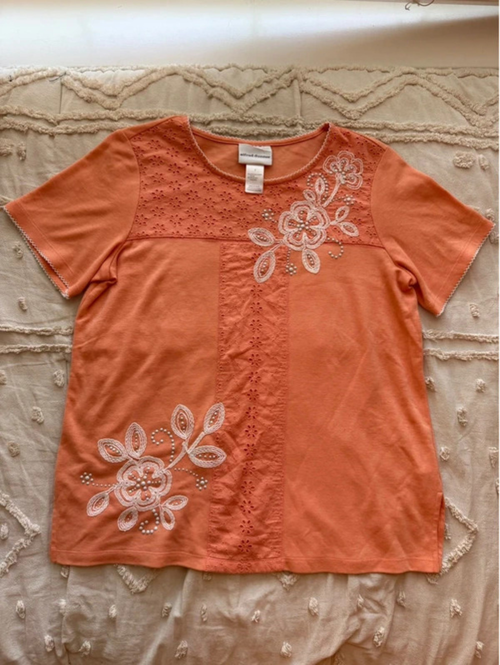 Alfred Dunner Coral Orange Embroidered Eyelet Floral Top Size S